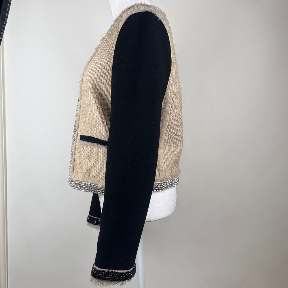 Tory Burch Sairy Bling Wool Tweed Jacket Black Tan Rhinestones Crystals Size 8 - Picture 8 of 12
